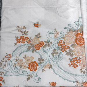 Vintage Flat Sheet Queen Size Blue Coral Orange Floral Scroll Design Smooth